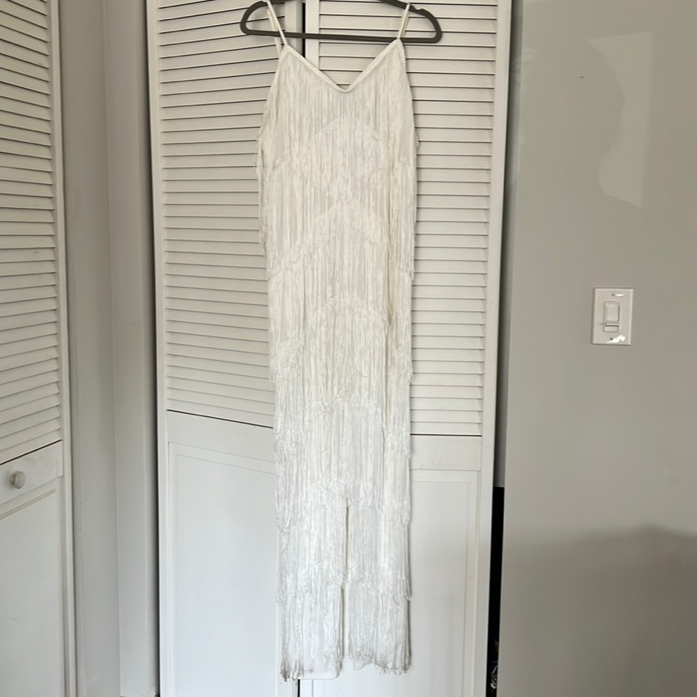 White Tassel Plunge Jumpsuit with fringe